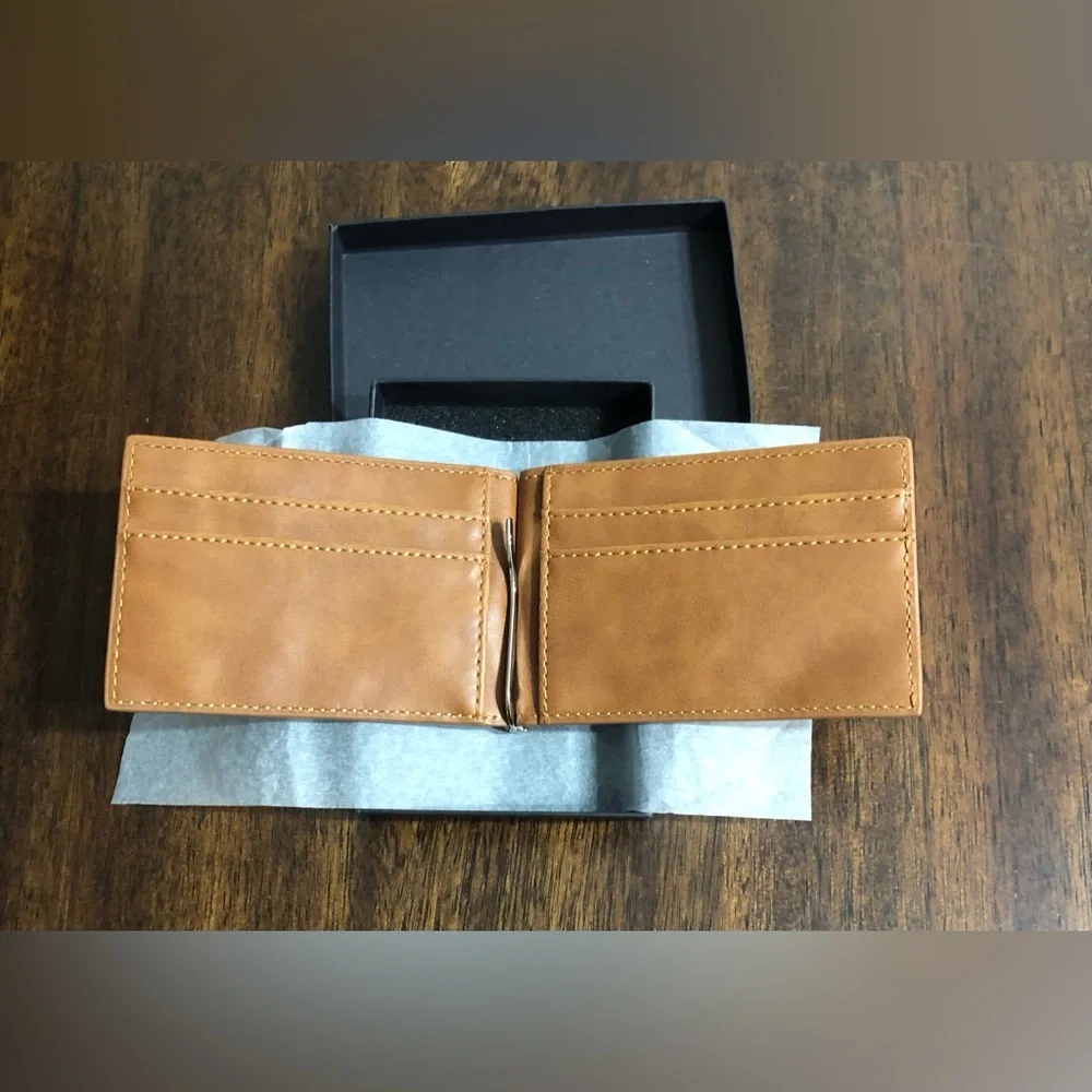 Leather Wallet engraved to my son from Dad brown. 4”LX3”W